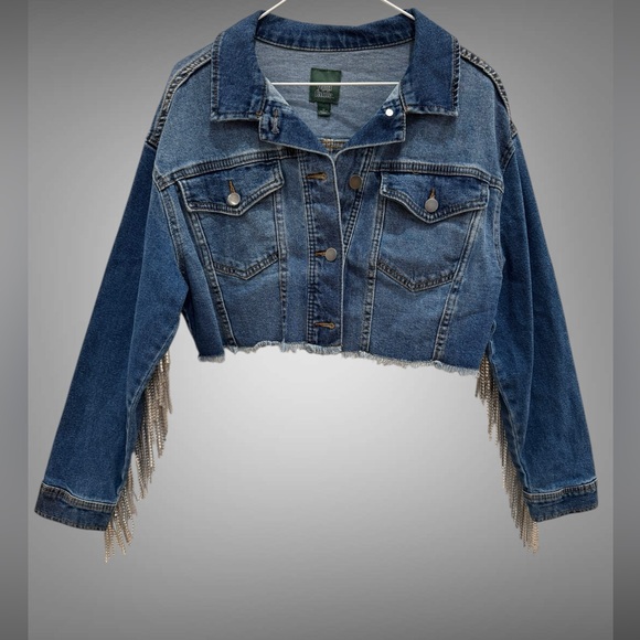 Blue Denim Cropped Jacket with Rhinestone Fringe Size Medium - Picture 3 of 8